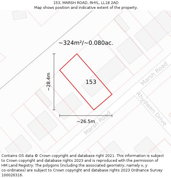 153, MARSH ROAD, RHYL, LL18 2AD: Plot and title map