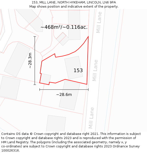 153, MILL LANE, NORTH HYKEHAM, LINCOLN, LN6 9PA: Plot and title map