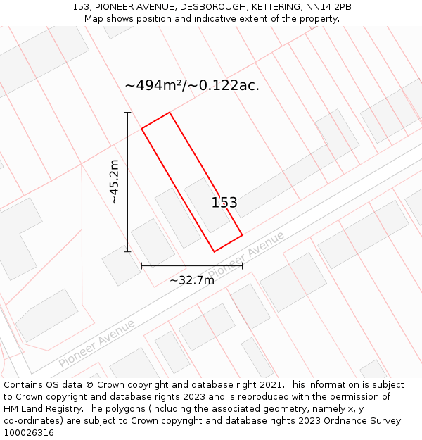 153, PIONEER AVENUE, DESBOROUGH, KETTERING, NN14 2PB: Plot and title map