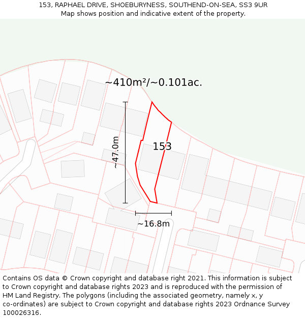 153, RAPHAEL DRIVE, SHOEBURYNESS, SOUTHEND-ON-SEA, SS3 9UR: Plot and title map