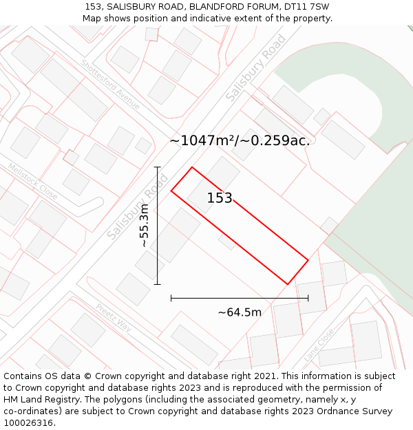 153, SALISBURY ROAD, BLANDFORD FORUM, DT11 7SW: Plot and title map