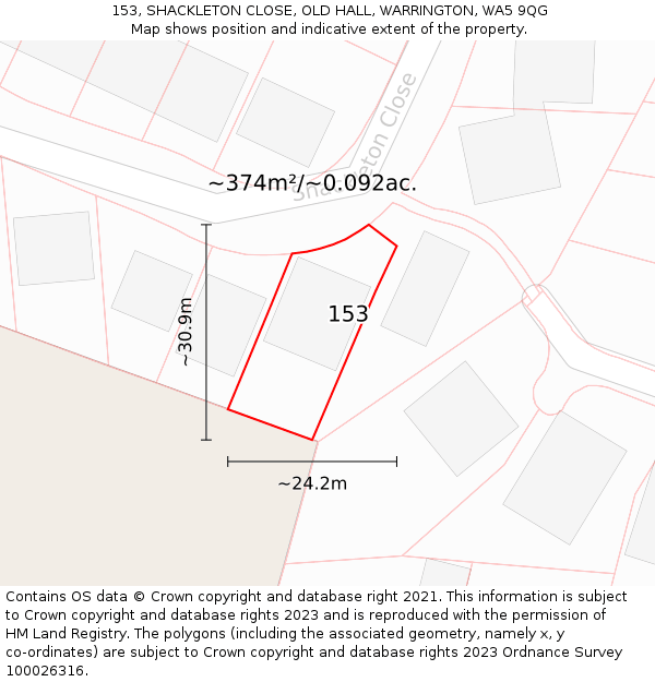 153, SHACKLETON CLOSE, OLD HALL, WARRINGTON, WA5 9QG: Plot and title map