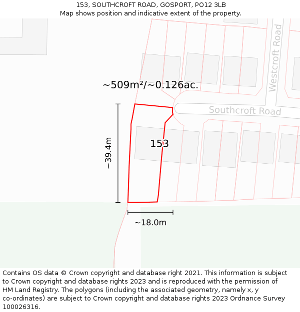 153, SOUTHCROFT ROAD, GOSPORT, PO12 3LB: Plot and title map