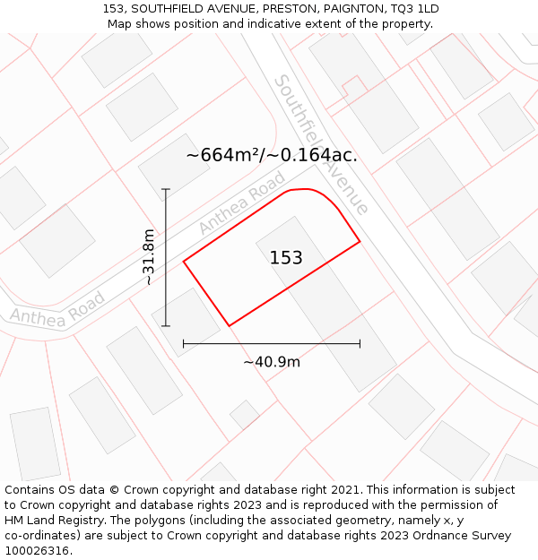 153, SOUTHFIELD AVENUE, PRESTON, PAIGNTON, TQ3 1LD: Plot and title map