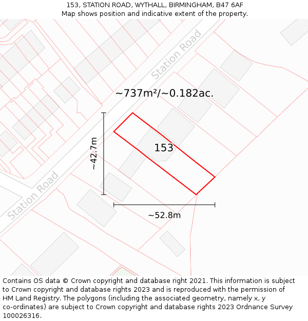 153, STATION ROAD, WYTHALL, BIRMINGHAM, B47 6AF: Plot and title map