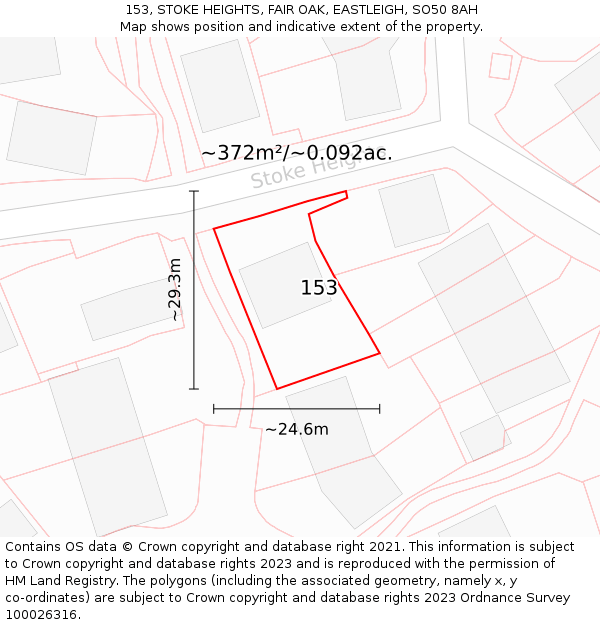 153, STOKE HEIGHTS, FAIR OAK, EASTLEIGH, SO50 8AH: Plot and title map