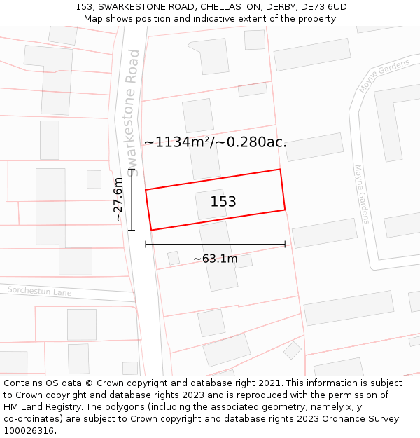 153, SWARKESTONE ROAD, CHELLASTON, DERBY, DE73 6UD: Plot and title map