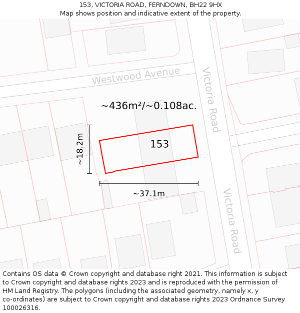 153, VICTORIA ROAD, FERNDOWN, BH22 9HX: Plot and title map