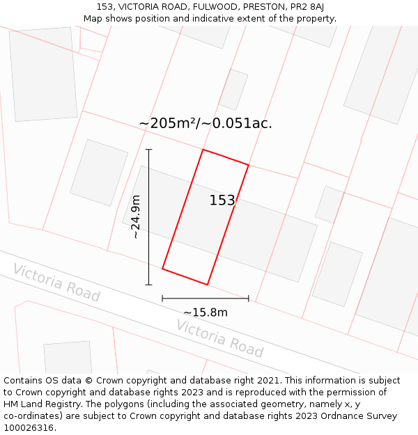 153, VICTORIA ROAD, FULWOOD, PRESTON, PR2 8AJ: Plot and title map