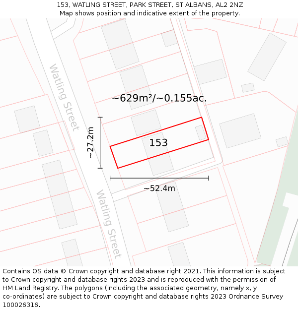 153, WATLING STREET, PARK STREET, ST ALBANS, AL2 2NZ: Plot and title map