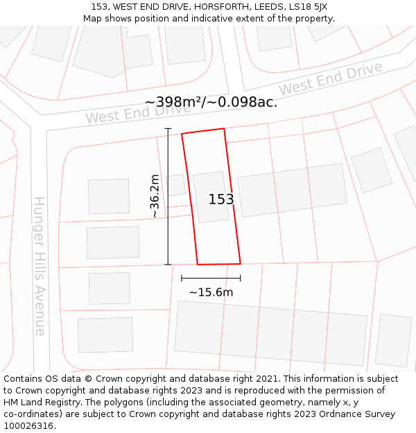 153, WEST END DRIVE, HORSFORTH, LEEDS, LS18 5JX: Plot and title map