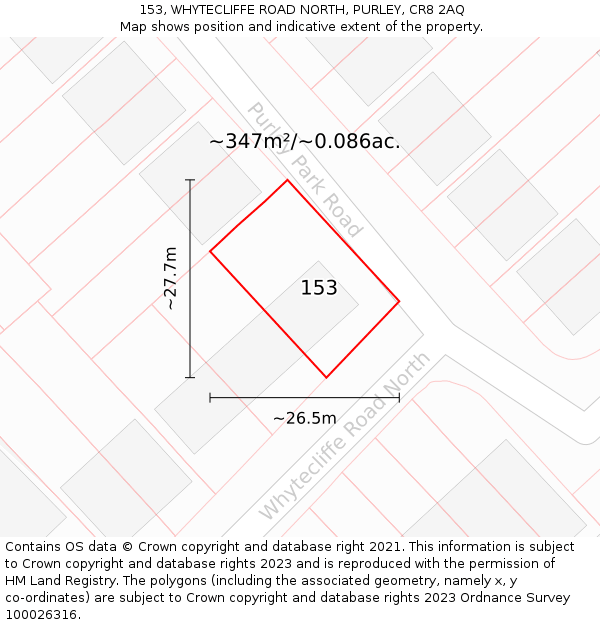 153, WHYTECLIFFE ROAD NORTH, PURLEY, CR8 2AQ: Plot and title map