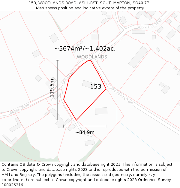 153, WOODLANDS ROAD, ASHURST, SOUTHAMPTON, SO40 7BH: Plot and title map