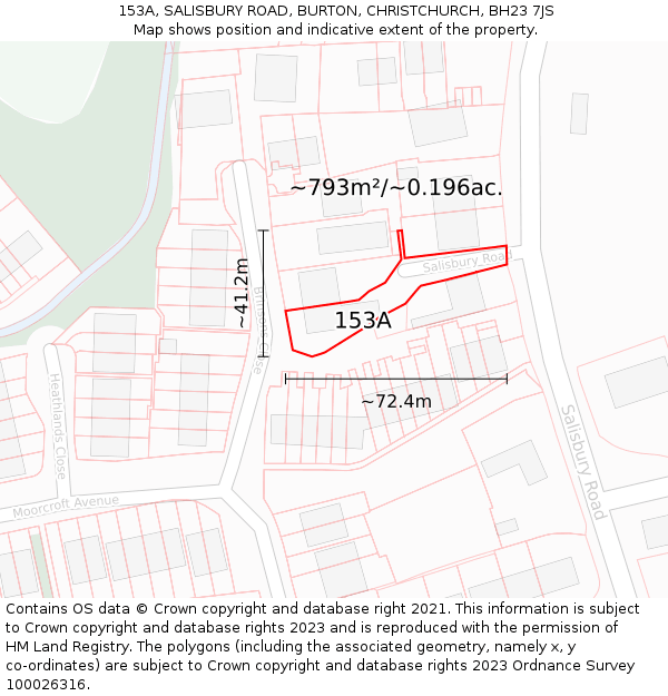 153A, SALISBURY ROAD, BURTON, CHRISTCHURCH, BH23 7JS: Plot and title map