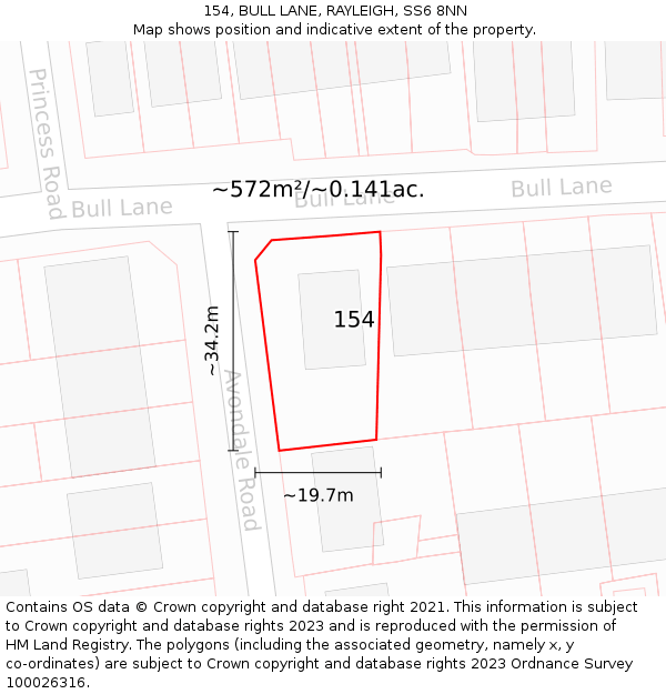 154, BULL LANE, RAYLEIGH, SS6 8NN: Plot and title map