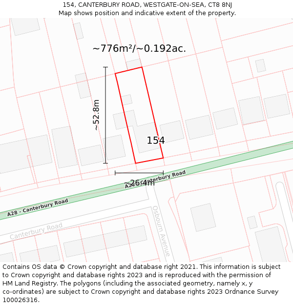 154, CANTERBURY ROAD, WESTGATE-ON-SEA, CT8 8NJ: Plot and title map