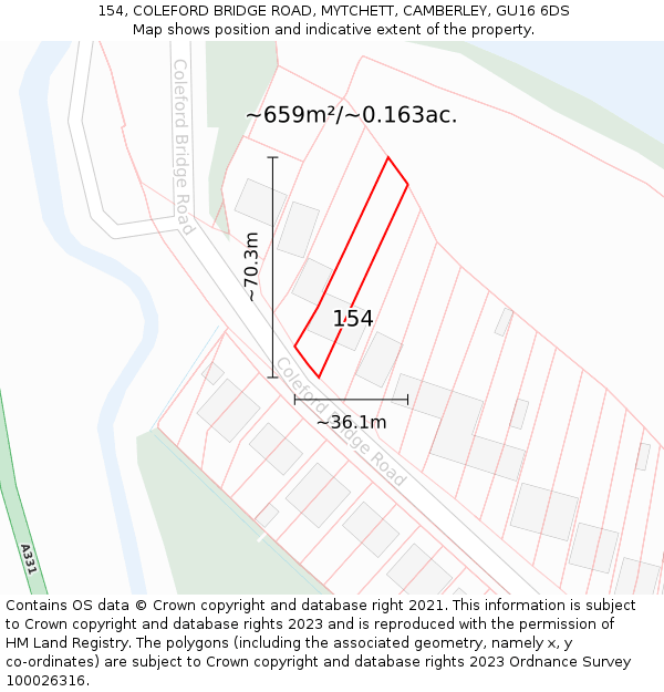 154, COLEFORD BRIDGE ROAD, MYTCHETT, CAMBERLEY, GU16 6DS: Plot and title map