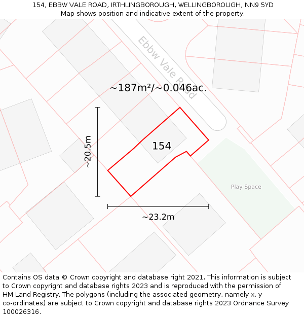 154, EBBW VALE ROAD, IRTHLINGBOROUGH, WELLINGBOROUGH, NN9 5YD: Plot and title map