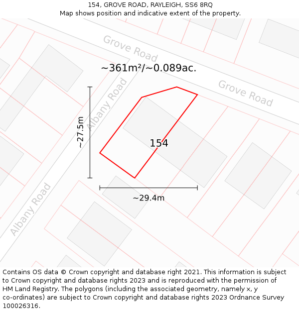 154, GROVE ROAD, RAYLEIGH, SS6 8RQ: Plot and title map