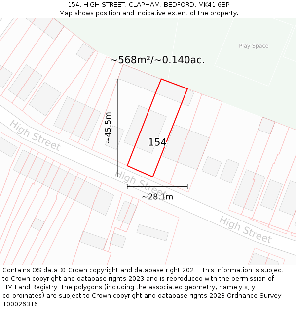 154, HIGH STREET, CLAPHAM, BEDFORD, MK41 6BP: Plot and title map