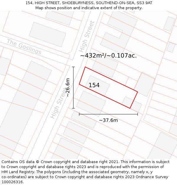 154, HIGH STREET, SHOEBURYNESS, SOUTHEND-ON-SEA, SS3 9AT: Plot and title map