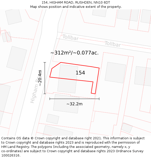 154, HIGHAM ROAD, RUSHDEN, NN10 6DT: Plot and title map