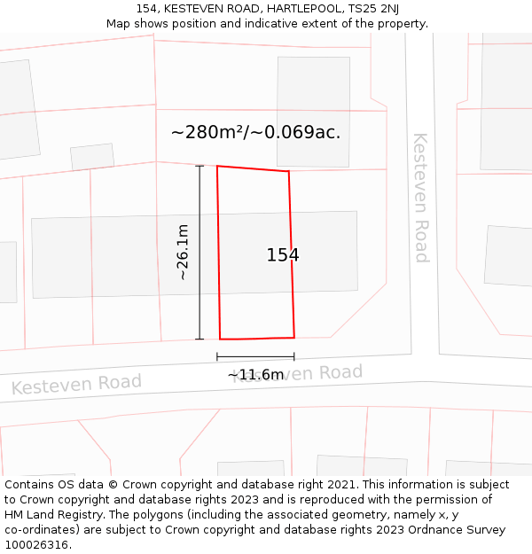 154, KESTEVEN ROAD, HARTLEPOOL, TS25 2NJ: Plot and title map