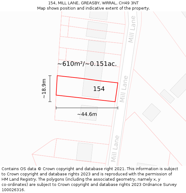 154, MILL LANE, GREASBY, WIRRAL, CH49 3NT: Plot and title map