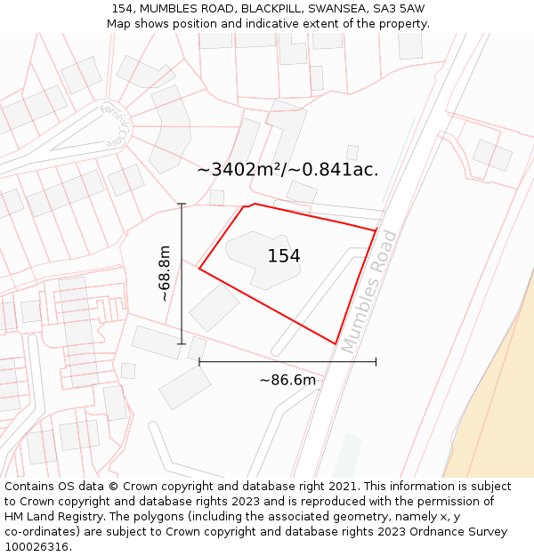 154, MUMBLES ROAD, BLACKPILL, SWANSEA, SA3 5AW: Plot and title map