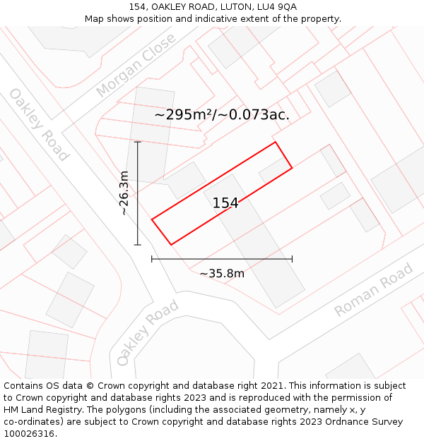 154, OAKLEY ROAD, LUTON, LU4 9QA: Plot and title map