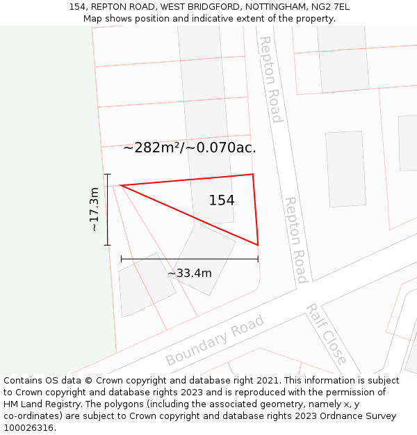 154, REPTON ROAD, WEST BRIDGFORD, NOTTINGHAM, NG2 7EL: Plot and title map