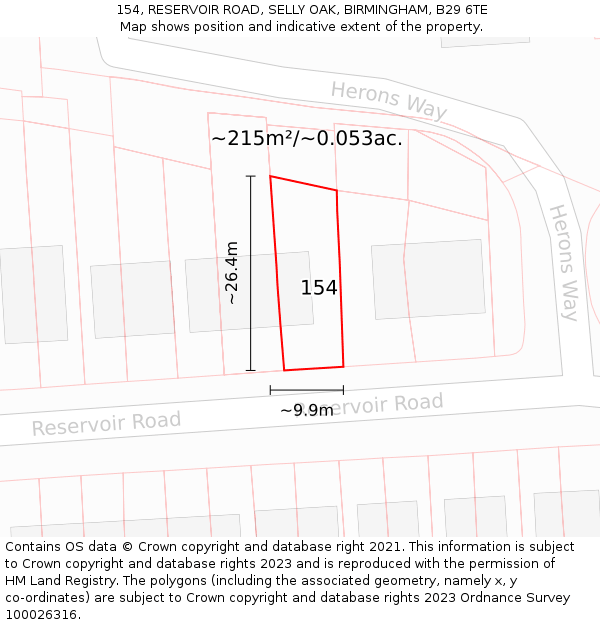 154, RESERVOIR ROAD, SELLY OAK, BIRMINGHAM, B29 6TE: Plot and title map