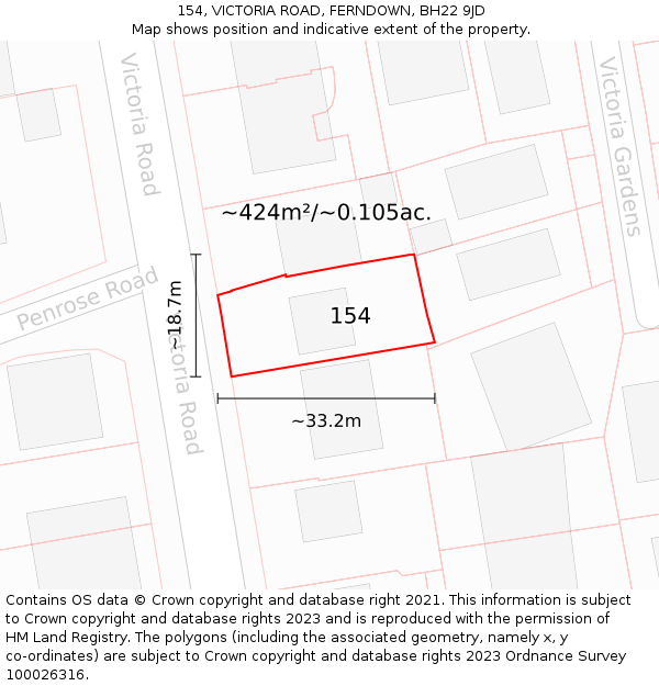 154, VICTORIA ROAD, FERNDOWN, BH22 9JD: Plot and title map