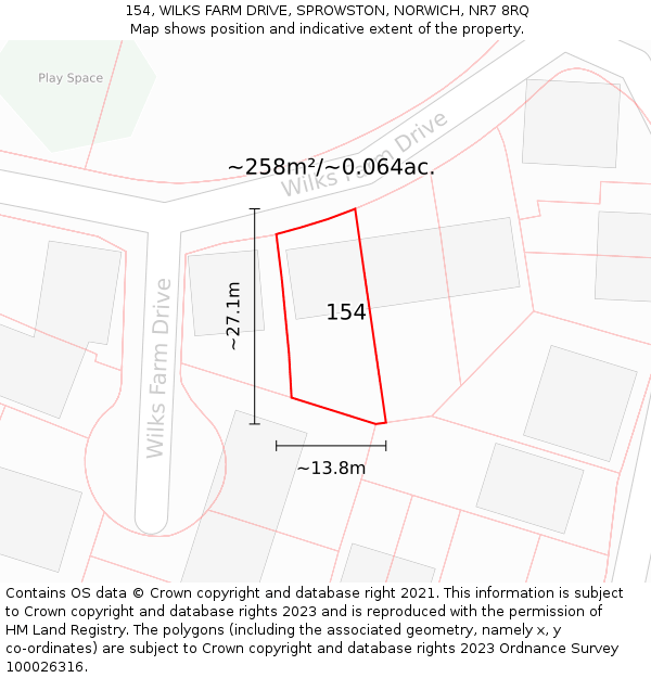 154, WILKS FARM DRIVE, SPROWSTON, NORWICH, NR7 8RQ: Plot and title map