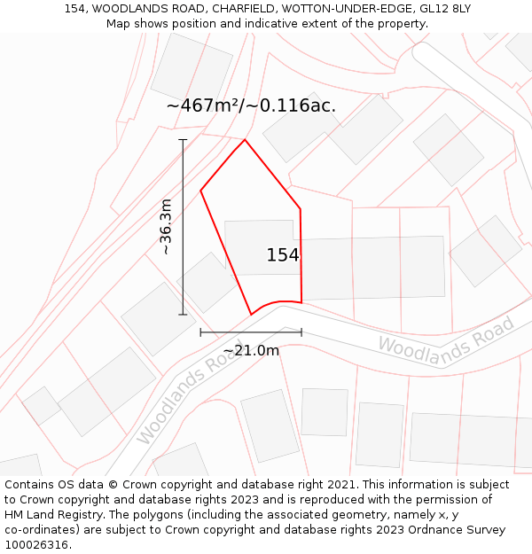 154, WOODLANDS ROAD, CHARFIELD, WOTTON-UNDER-EDGE, GL12 8LY: Plot and title map