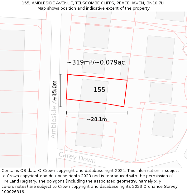 155, AMBLESIDE AVENUE, TELSCOMBE CLIFFS, PEACEHAVEN, BN10 7LH: Plot and title map