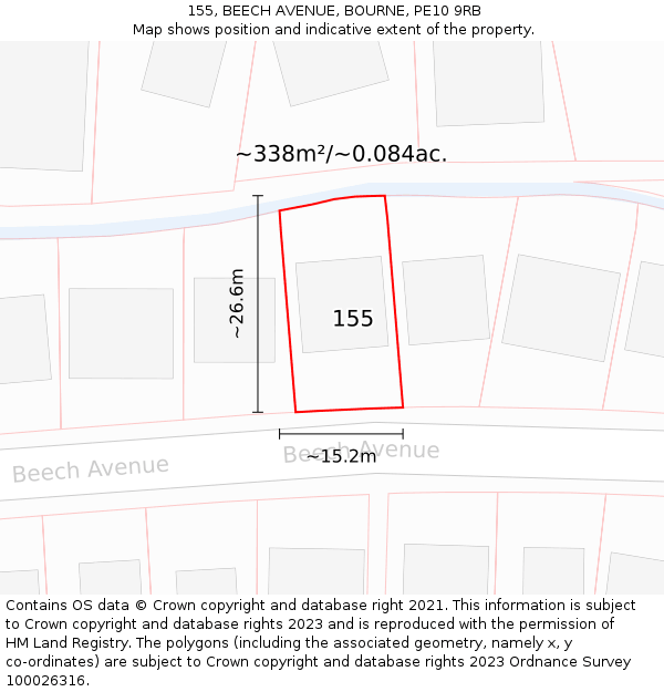 155, BEECH AVENUE, BOURNE, PE10 9RB: Plot and title map