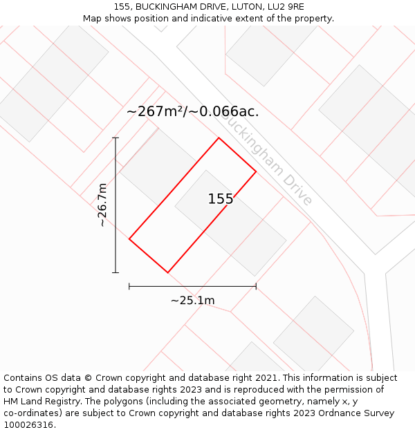 155, BUCKINGHAM DRIVE, LUTON, LU2 9RE: Plot and title map