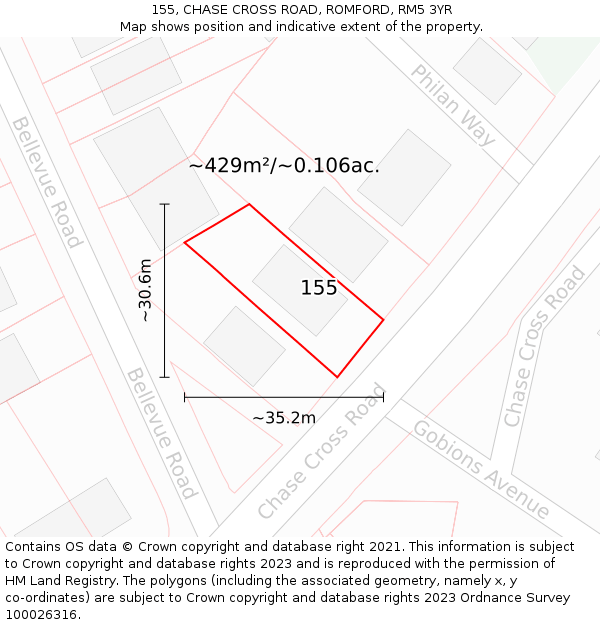 155, CHASE CROSS ROAD, ROMFORD, RM5 3YR: Plot and title map