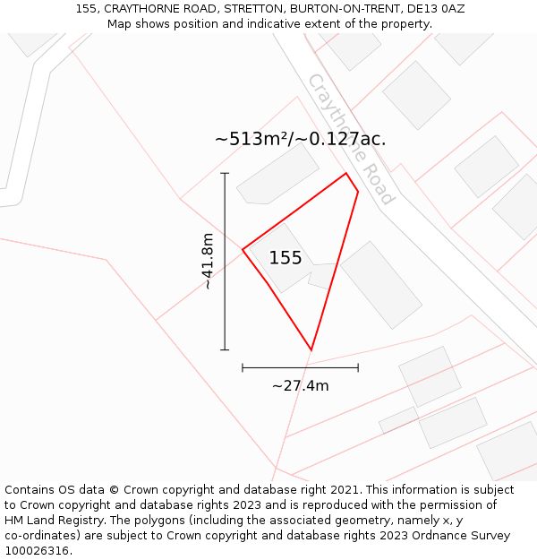 155, CRAYTHORNE ROAD, STRETTON, BURTON-ON-TRENT, DE13 0AZ: Plot and title map