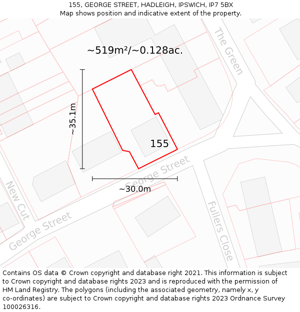 155, GEORGE STREET, HADLEIGH, IPSWICH, IP7 5BX: Plot and title map