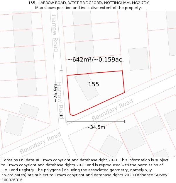 155, HARROW ROAD, WEST BRIDGFORD, NOTTINGHAM, NG2 7DY: Plot and title map