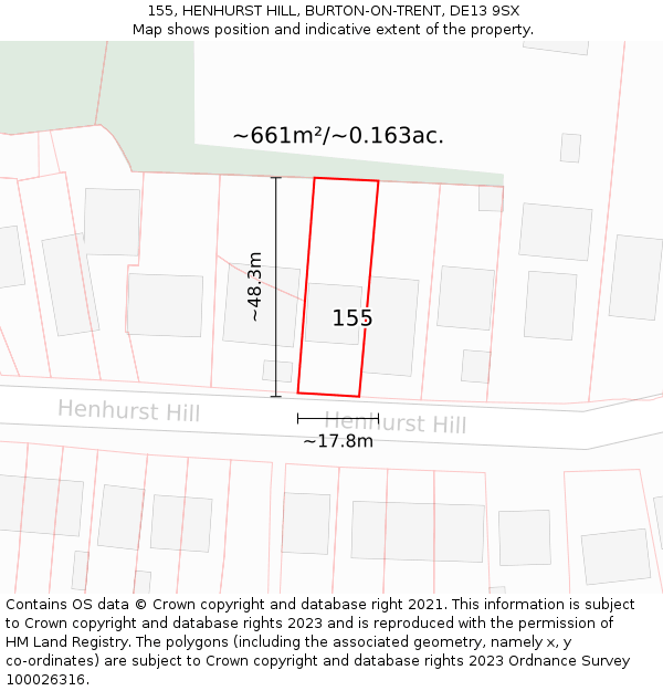155, HENHURST HILL, BURTON-ON-TRENT, DE13 9SX: Plot and title map