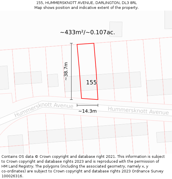 155, HUMMERSKNOTT AVENUE, DARLINGTON, DL3 8RL: Plot and title map
