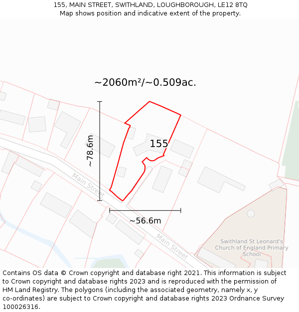 155, MAIN STREET, SWITHLAND, LOUGHBOROUGH, LE12 8TQ: Plot and title map