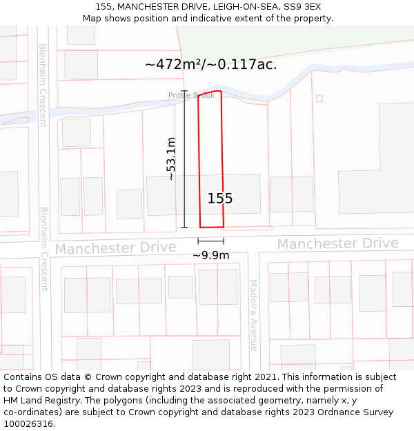 155, MANCHESTER DRIVE, LEIGH-ON-SEA, SS9 3EX: Plot and title map