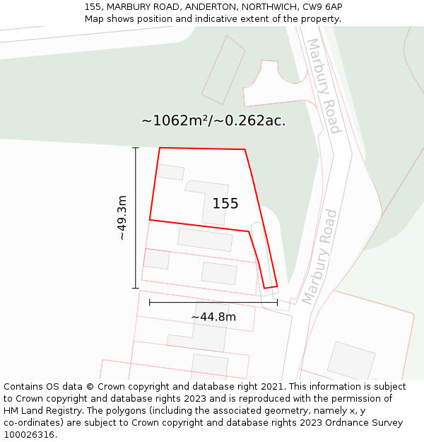 155, MARBURY ROAD, ANDERTON, NORTHWICH, CW9 6AP: Plot and title map