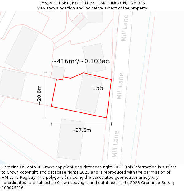 155, MILL LANE, NORTH HYKEHAM, LINCOLN, LN6 9PA: Plot and title map