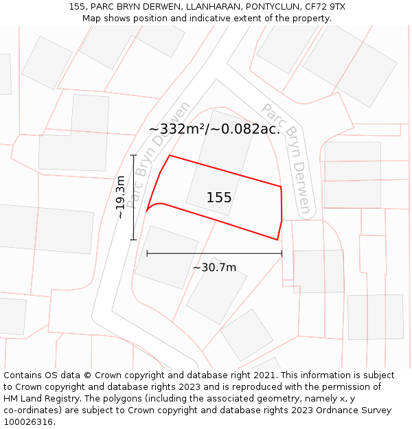 155, PARC BRYN DERWEN, LLANHARAN, PONTYCLUN, CF72 9TX: Plot and title map