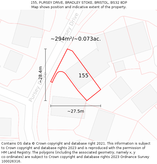 155, PURSEY DRIVE, BRADLEY STOKE, BRISTOL, BS32 8DP: Plot and title map